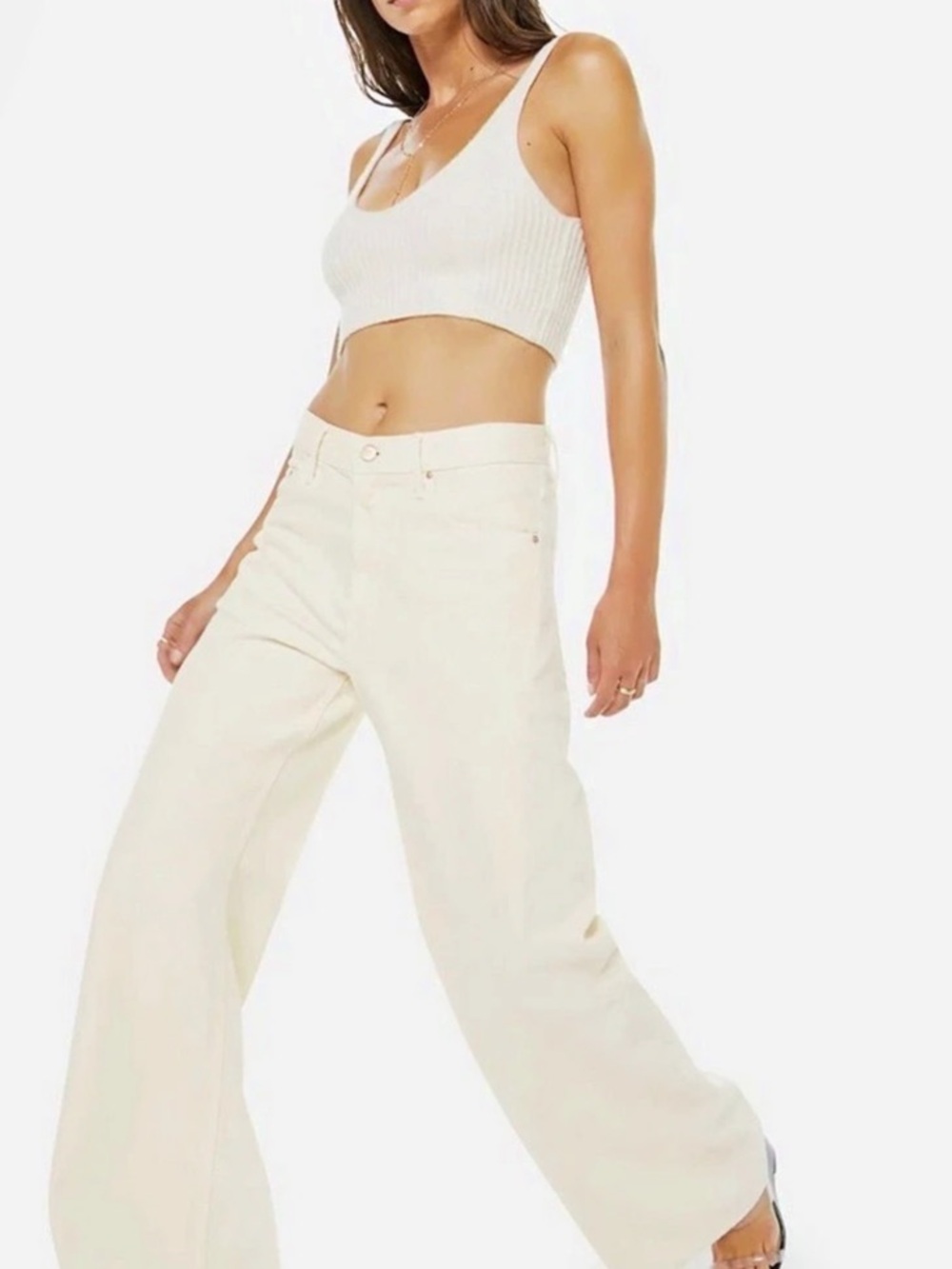 MOTHER The Hustler Roller Heel In Act Wide Leg Jeans in Cream Waist 28
